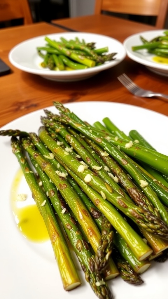 Roasted asparagus with garlic served on a white plate, garnished, on a rustic wooden table.